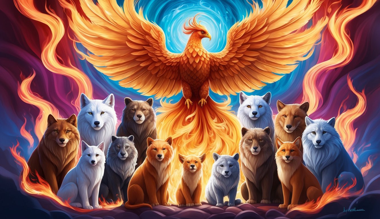 A majestic phoenix surrounded by 11 spirit animals symbolizing change, set against a backdrop of swirling flames and vibrant colors