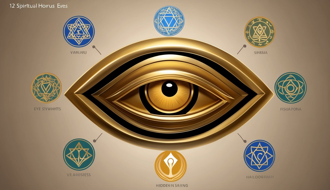 A golden Eye of Horus surrounded by 12 spiritual symbols, each representing a hidden meaning