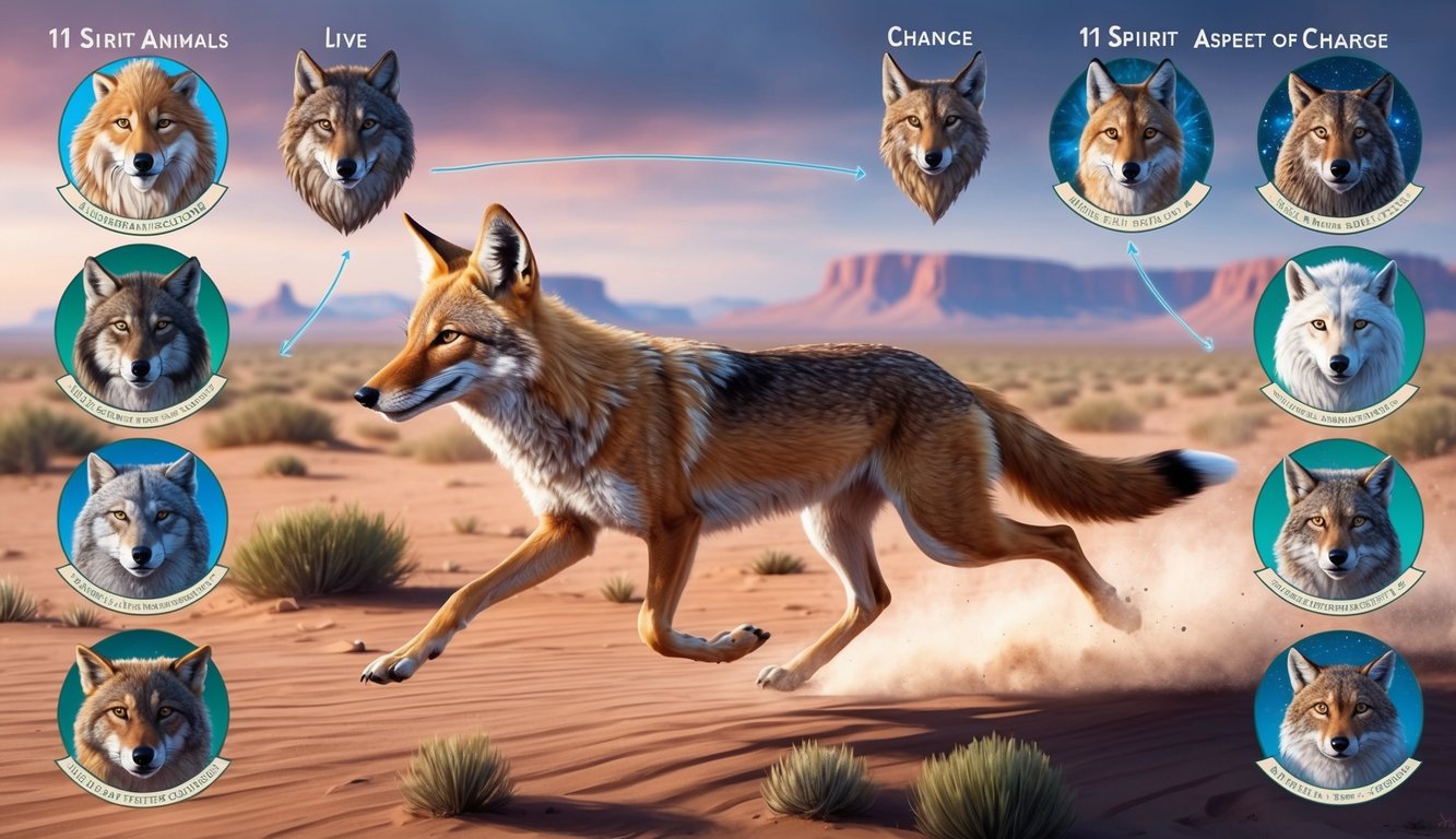 A coyote running through a desert landscape, with 11 spirit animals surrounding it, each representing a different aspect of change