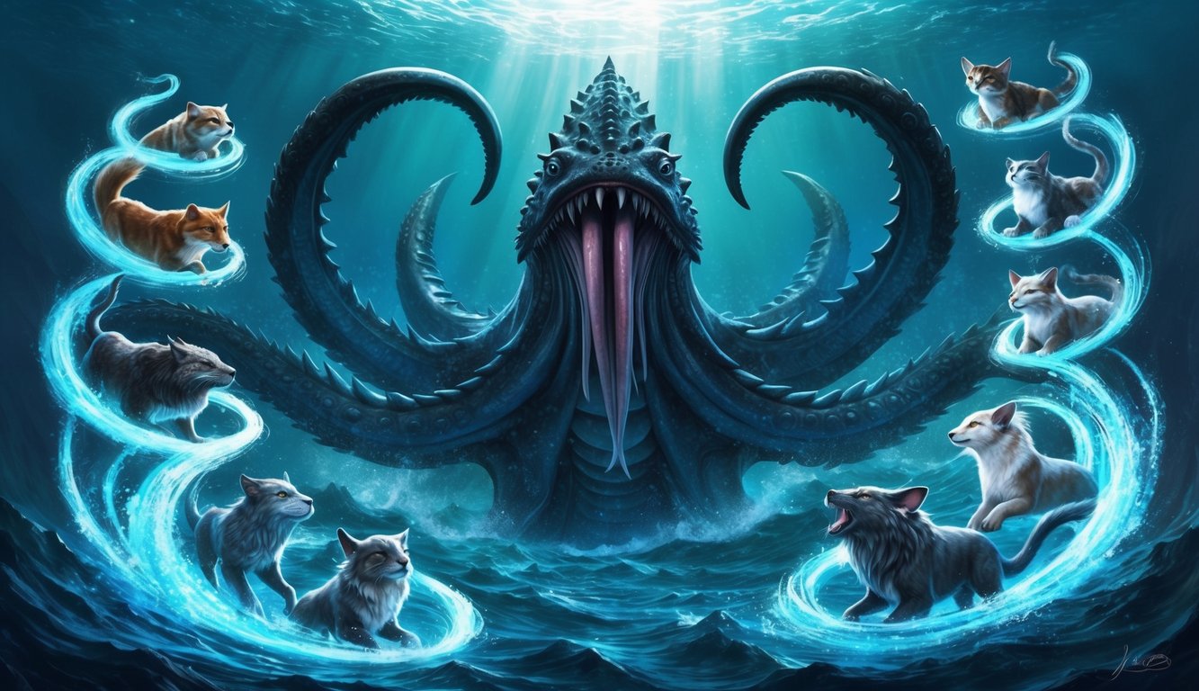 A massive kraken rises from the depths, surrounded by ten mystical spirit animals swirling around it in a mesmerizing display of otherworldly beauty