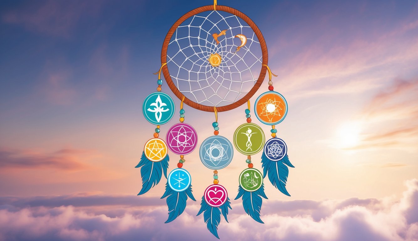 A dreamcatcher adorned with 12 spiritual symbols, each representing a unique hidden meaning, hangs delicately in the air