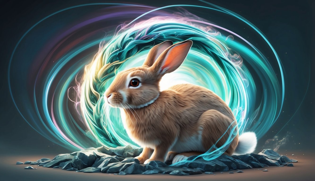 A rabbit surrounded by swirling energy, symbolizing transformation and change