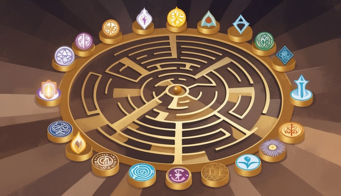 A labyrinth with 12 spiritual symbols radiating from the center, each with its hidden meaning