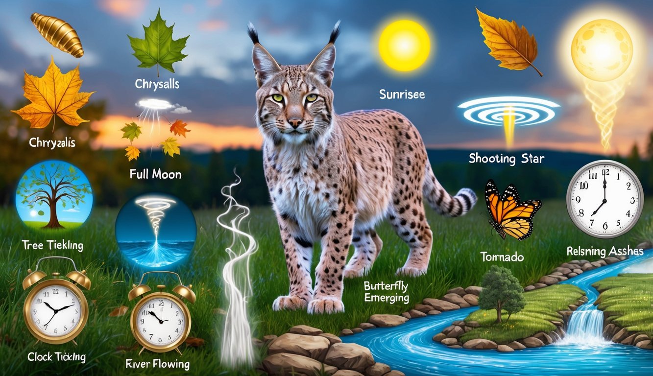 A lynx surrounded by 11 symbols of change: a chrysalis, a leaf turning colors, a sunrise, a full moon, a shooting star, a tornado, a butterfly emerging, a tree shedding leaves, a clock ticking, a river flowing, and a phoenix rising from the ashes