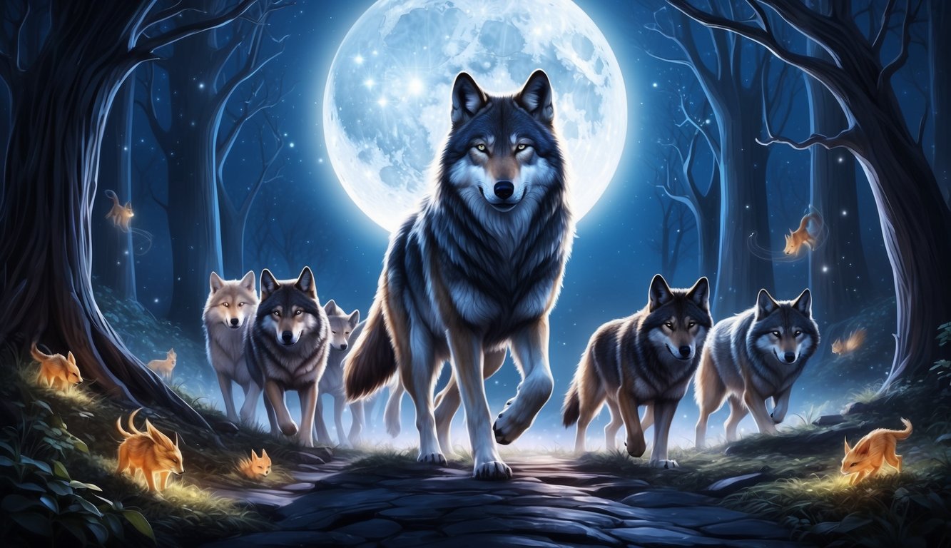 A majestic wolf leading a pack through a moonlit forest, surrounded by ethereal glowing creatures