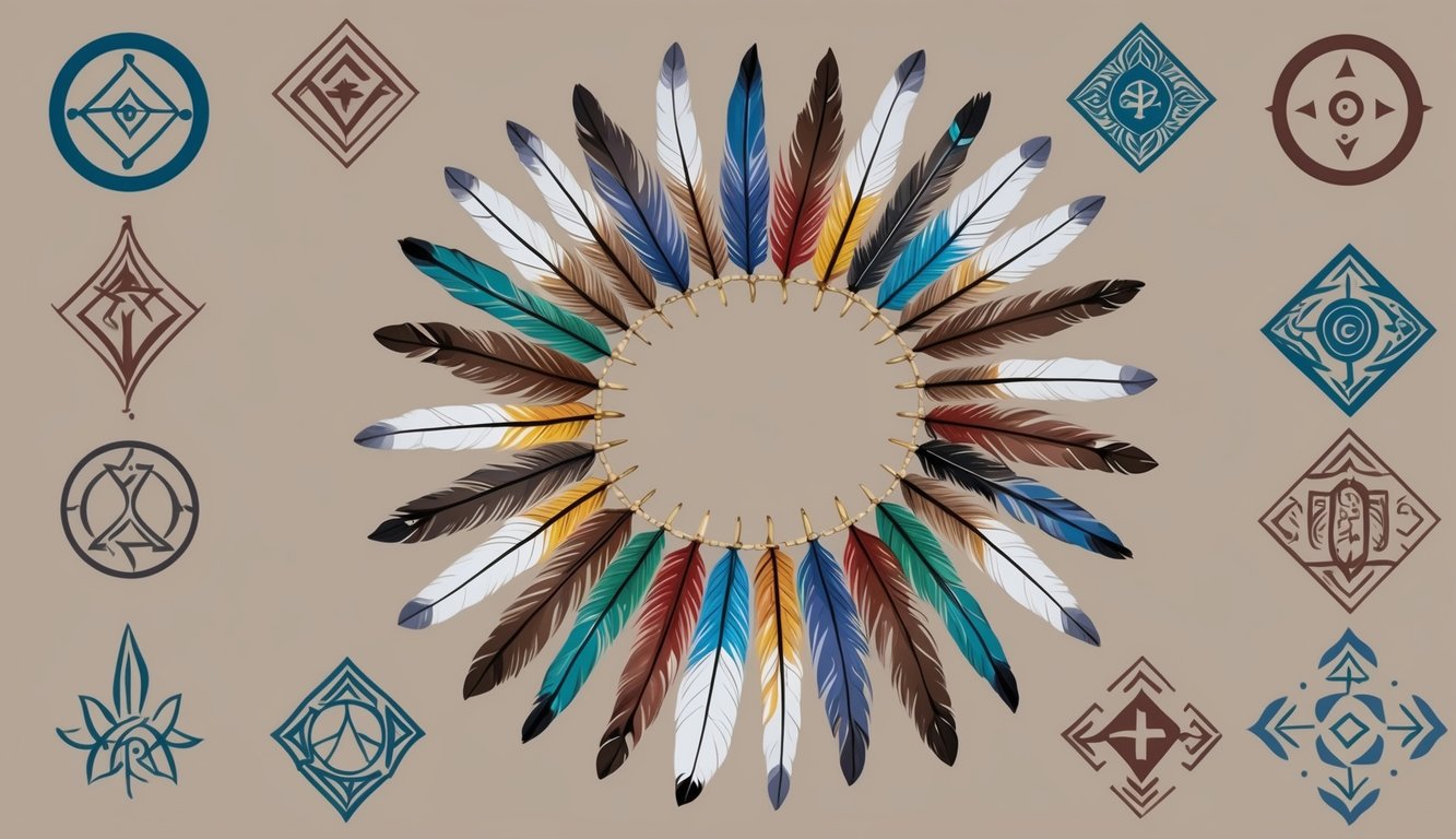 Feathers arranged in a circular pattern, each adorned with a different spiritual symbol representing various hidden meanings