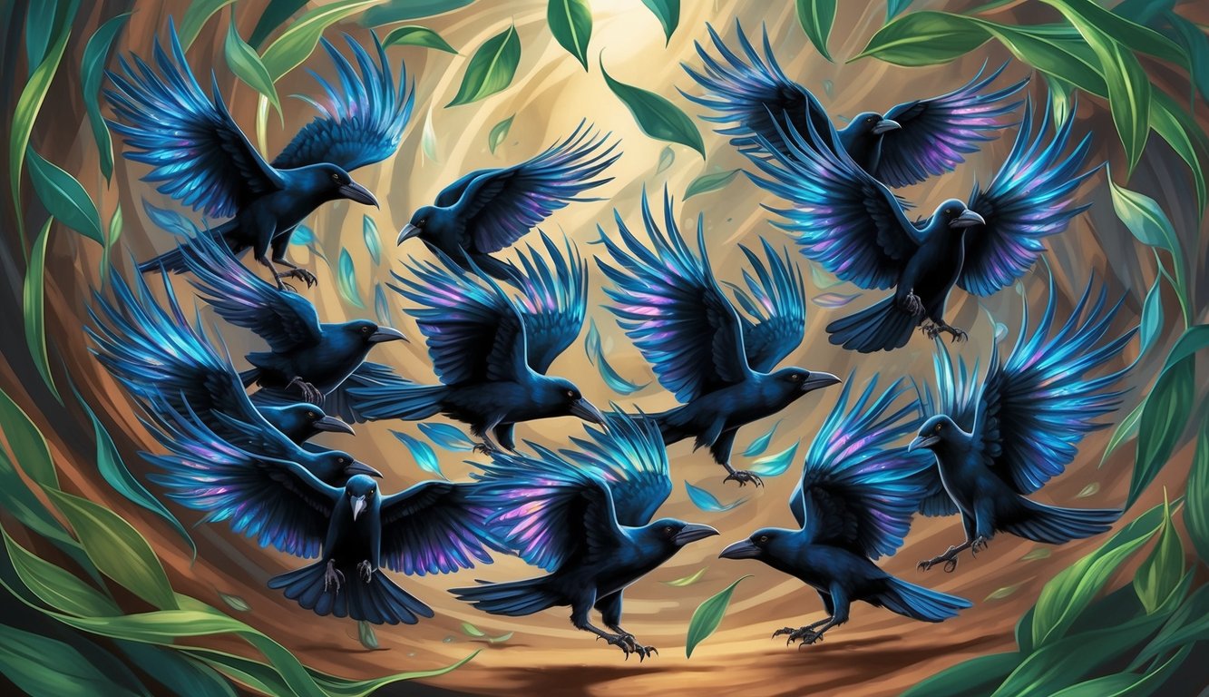 Eleven crows in a swirling dance, feathers shimmering with iridescence, surrounded by swirling leaves and shifting shadows