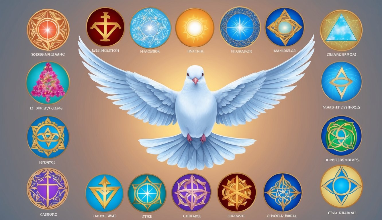 A serene dove surrounded by 12 spiritual symbols, each representing a different hidden meaning