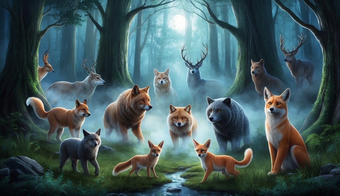 A mystical forest with 10 spirit animals emerging from the mist, each representing a different aspect of nature and spirituality