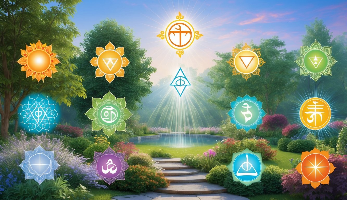 A tranquil garden with 12 spiritual symbols subtly integrated into the natural landscape, each symbol radiating a sense of peace and harmony