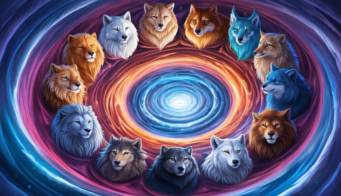 A swirling vortex of 11 spirit animals, each representing a different aspect of change, encircling a central point of transformation