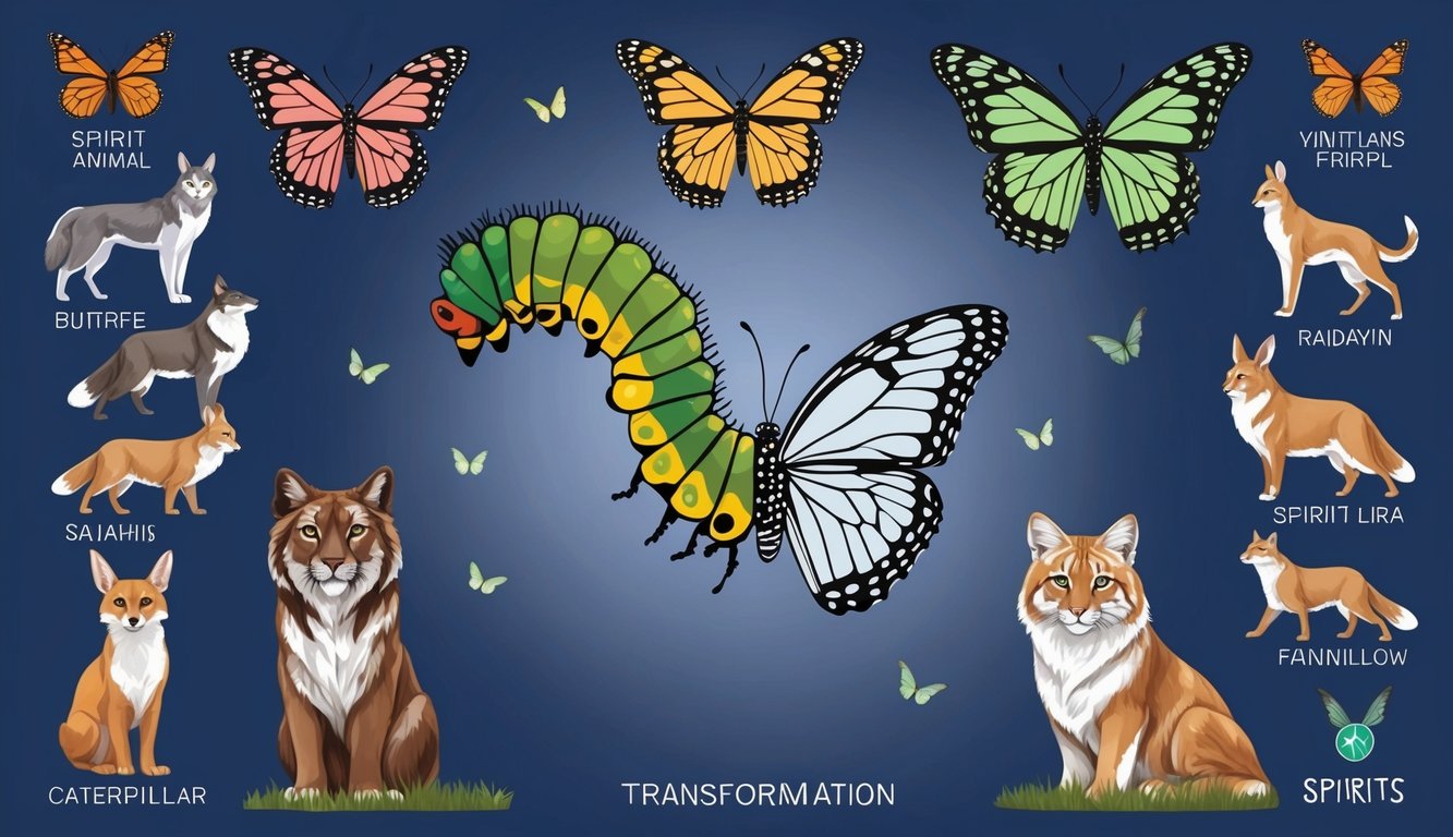 A caterpillar morphs into a butterfly, surrounded by 10 other spirit animals representing transformation