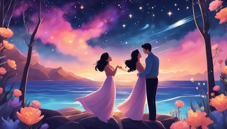 Two women and a man embrace under a starry, colorful sky