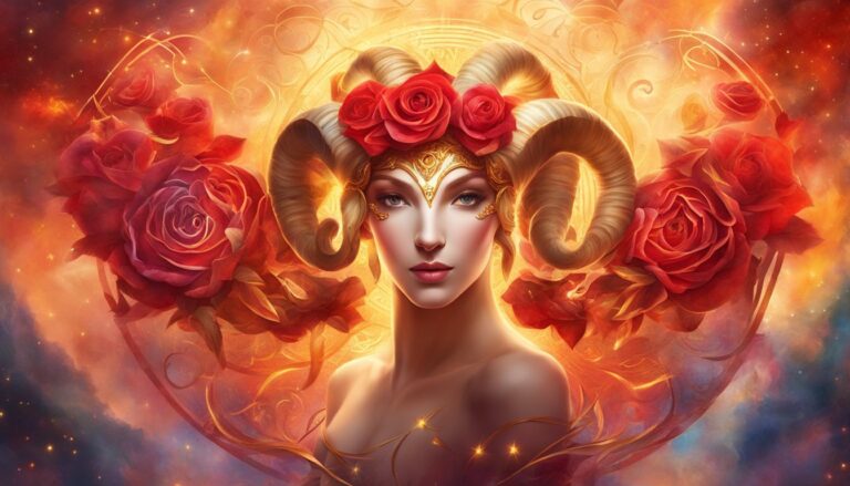 Woman with ram horns, roses, and golden headpiece in an ethereal background