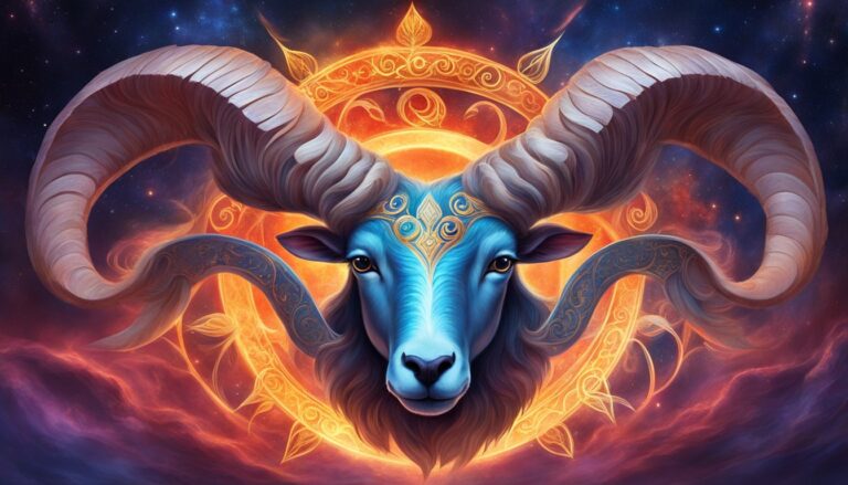 Illustration of Aries zodiac sign, a blue ram with large horns