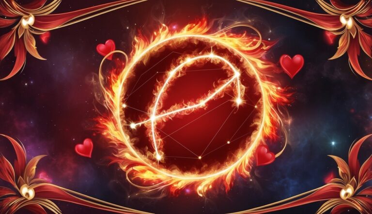 Fiery Sagittarius constellation with hearts, surrounded by a red and gold frame