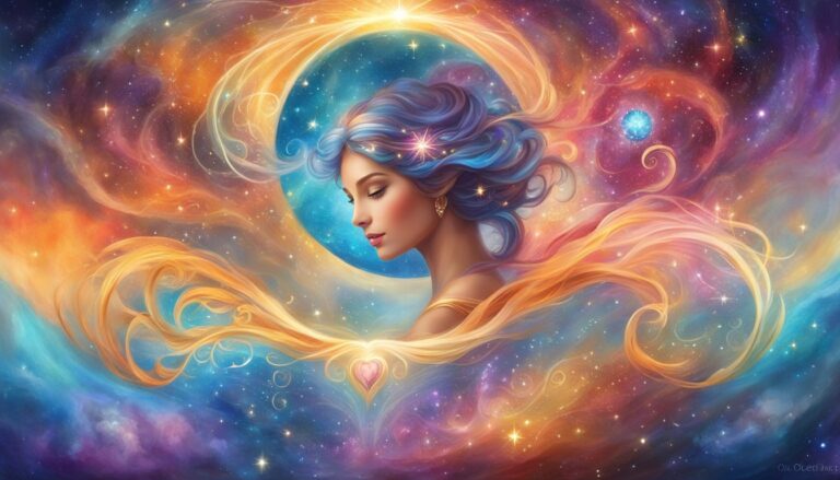 Woman with blue hair in a cosmic nebula, surrounded by swirling colors and stars