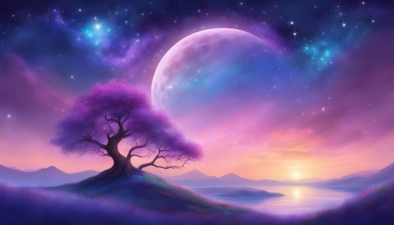 Purple tree on a hill with a large moon and starry sky