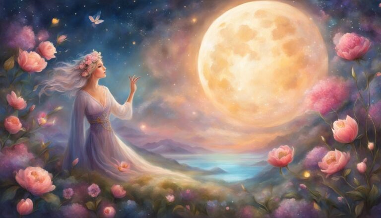 Woman in white dress with flowers, moon, and starry sky