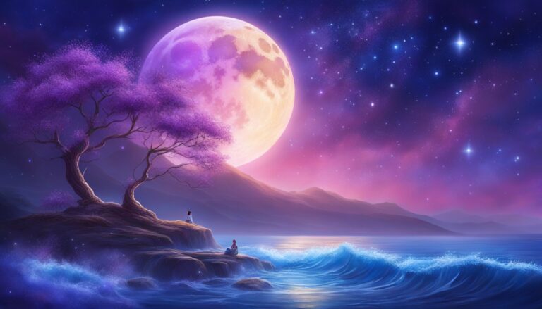 Purple tree, moon, and two figures on a cliff overlooking the ocean