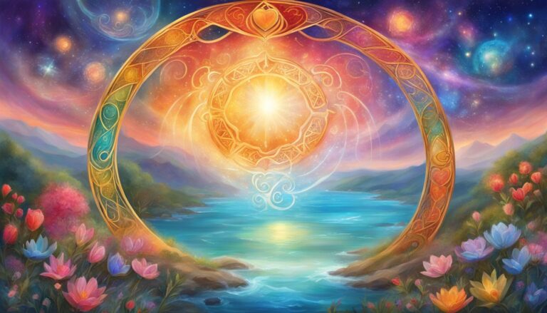 Celestial portal over a lake, flowers in foreground, starry sky background