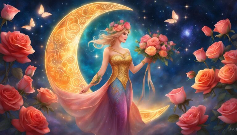 Woman in gold dress with roses and moon in a starry night