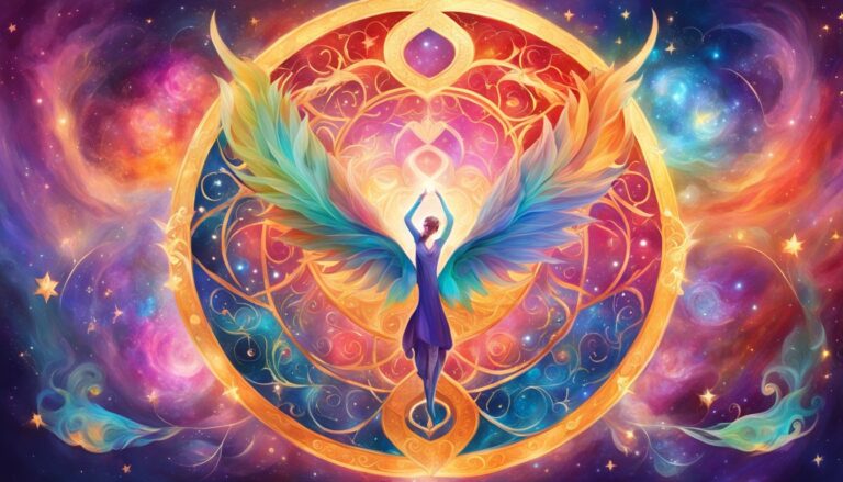 Woman with colorful wings in front of a cosmic, ornate golden circle