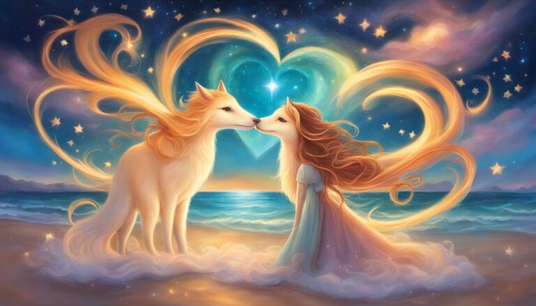 Two fox-like creatures kissing under a heart-shaped starry sky