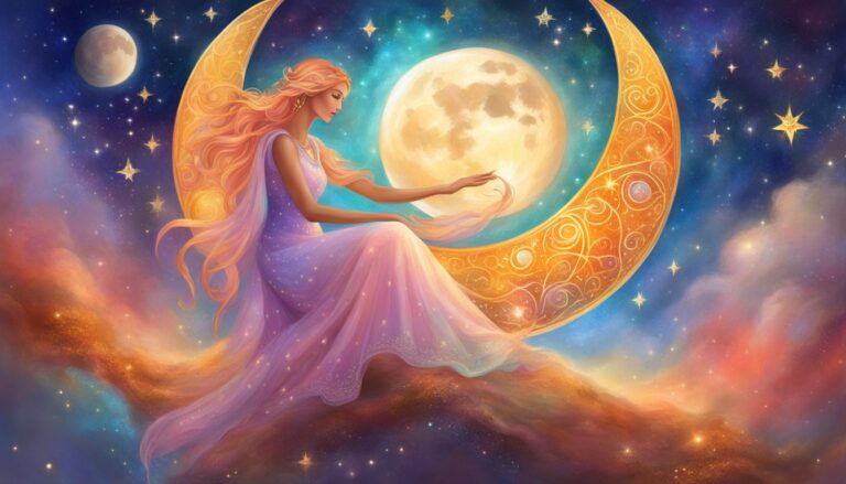 Woman in a gown sits on a crescent moon, reaching for the full moon