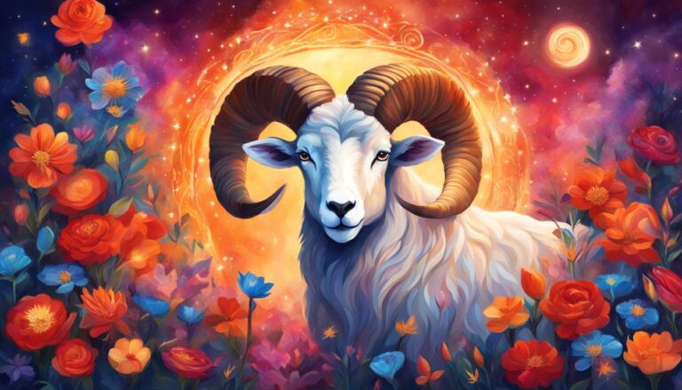Illustration of Aries zodiac sign, a ram, surrounded by colorful flowers