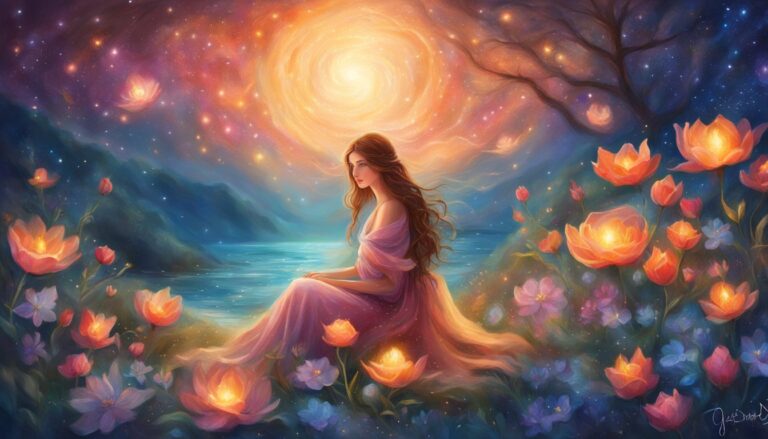 Woman in a pink dress sits in a field of glowing flowers, starry sky