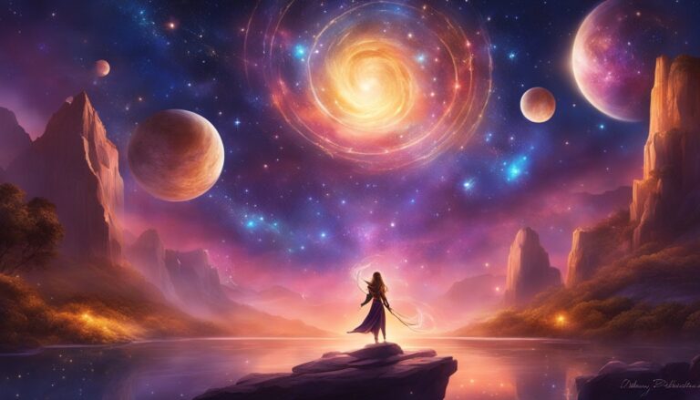 Woman on rock, gazing at galaxy and planets over a lake
