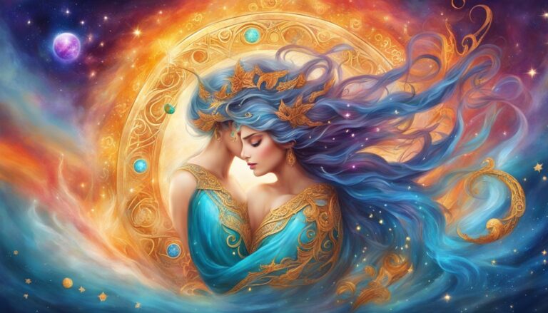 Two women with blue hair and dresses, embraced in a cosmic background