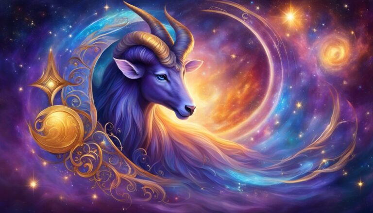 Fantasy illustration of a goat in space, surrounded by stars and swirls