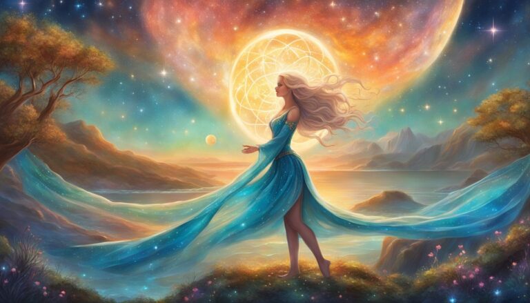 Woman in blue dress stands before a celestial landscape with a bright sun