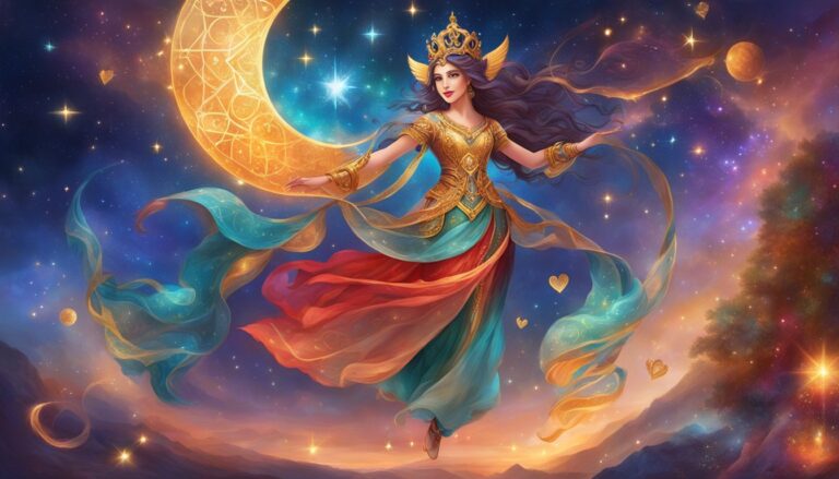 Woman in ornate dress floats in starry sky near a crescent moon