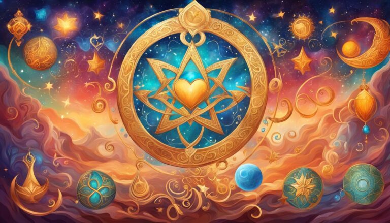 Celestial illustration with a golden heart in a star, surrounded by stars