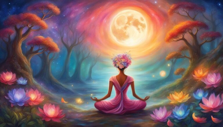 Woman meditating in a lotus position under a full moon, surrounded by flowers