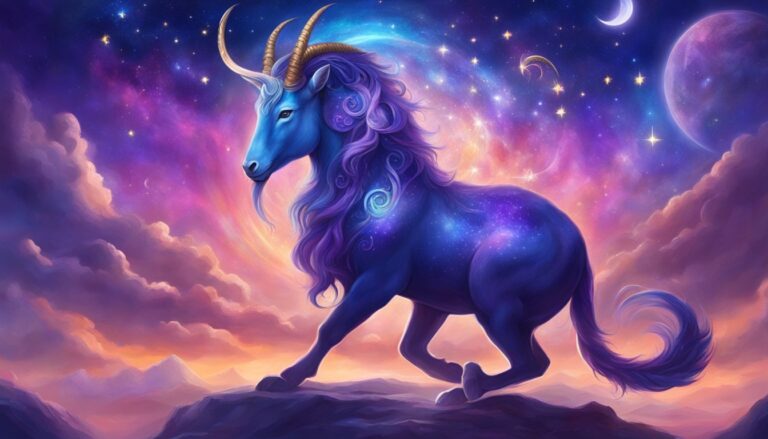 Fantasy illustration of a blue goat with a starry body and cosmic background