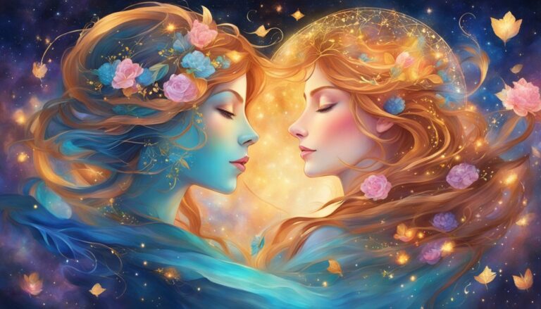 Two ethereal women with flowers in their hair, facing each other in space