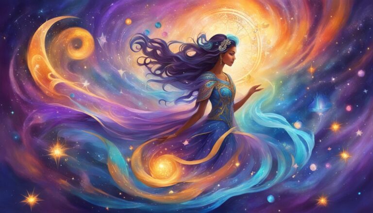 Woman in blue dress amidst swirling cosmic colors and stars