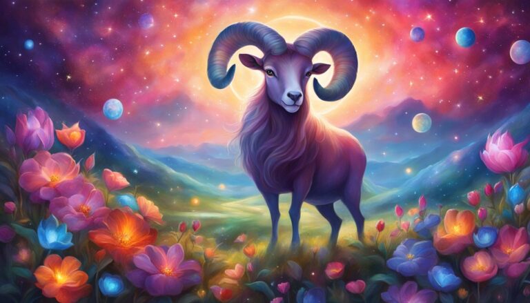 Aries zodiac sign illustration with ram, flowers, planets, and starry sky