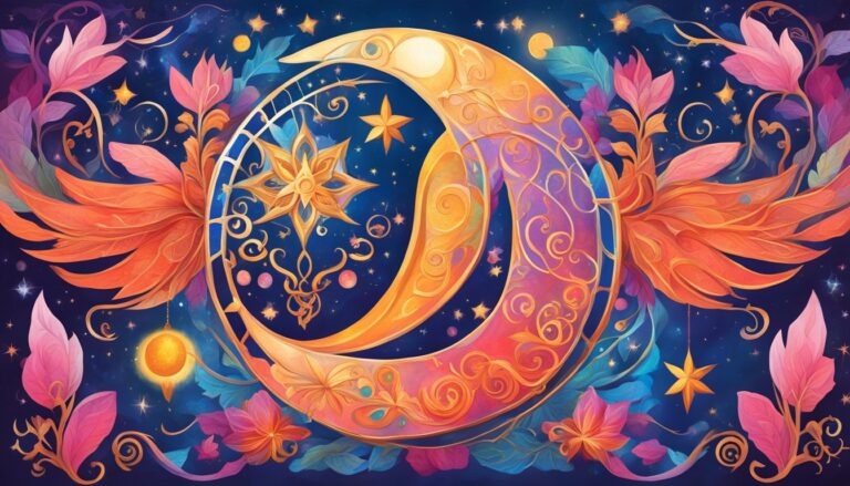 Stylized crescent moon and starburst with floral and celestial elements