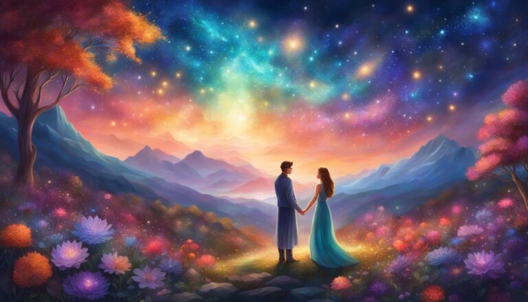 Couple holding hands under a starry sky, surrounded by flowers and mountains