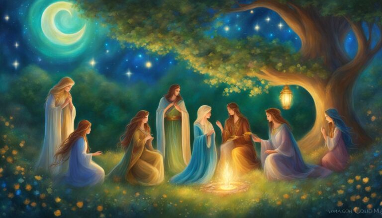 Group of women around a fire under a tree, moonlit night