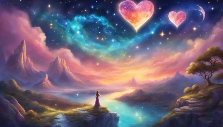 Woman gazing at heart-shaped celestial bodies over a dreamy landscape