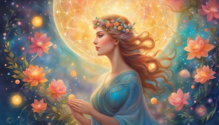 Woman with floral crown, surrounded by flowers and celestial background