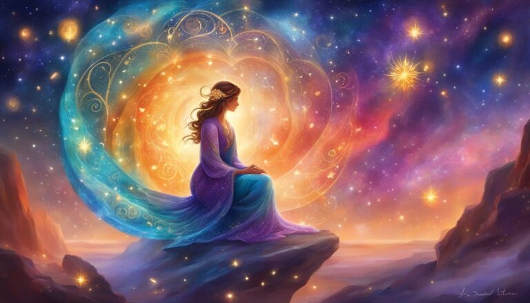 Woman in purple dress sits on a rock, surrounded by a cosmic aura