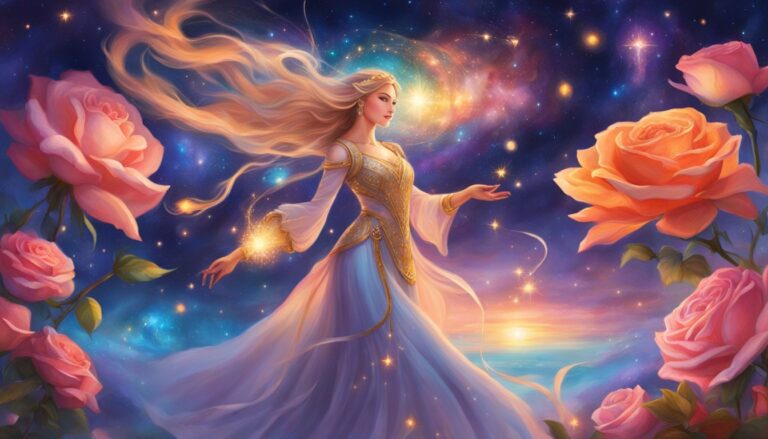 Woman in gown with long hair, roses, and starry sky background