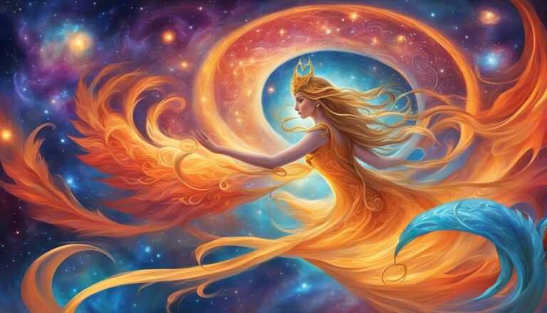Woman in golden dress and crown in a cosmic, swirling, colorful space